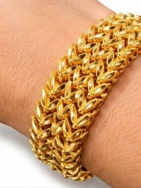 18K Gold Plated Stainless Steel Wide Laurel Leaf Chevron Statement Bracelet 8"